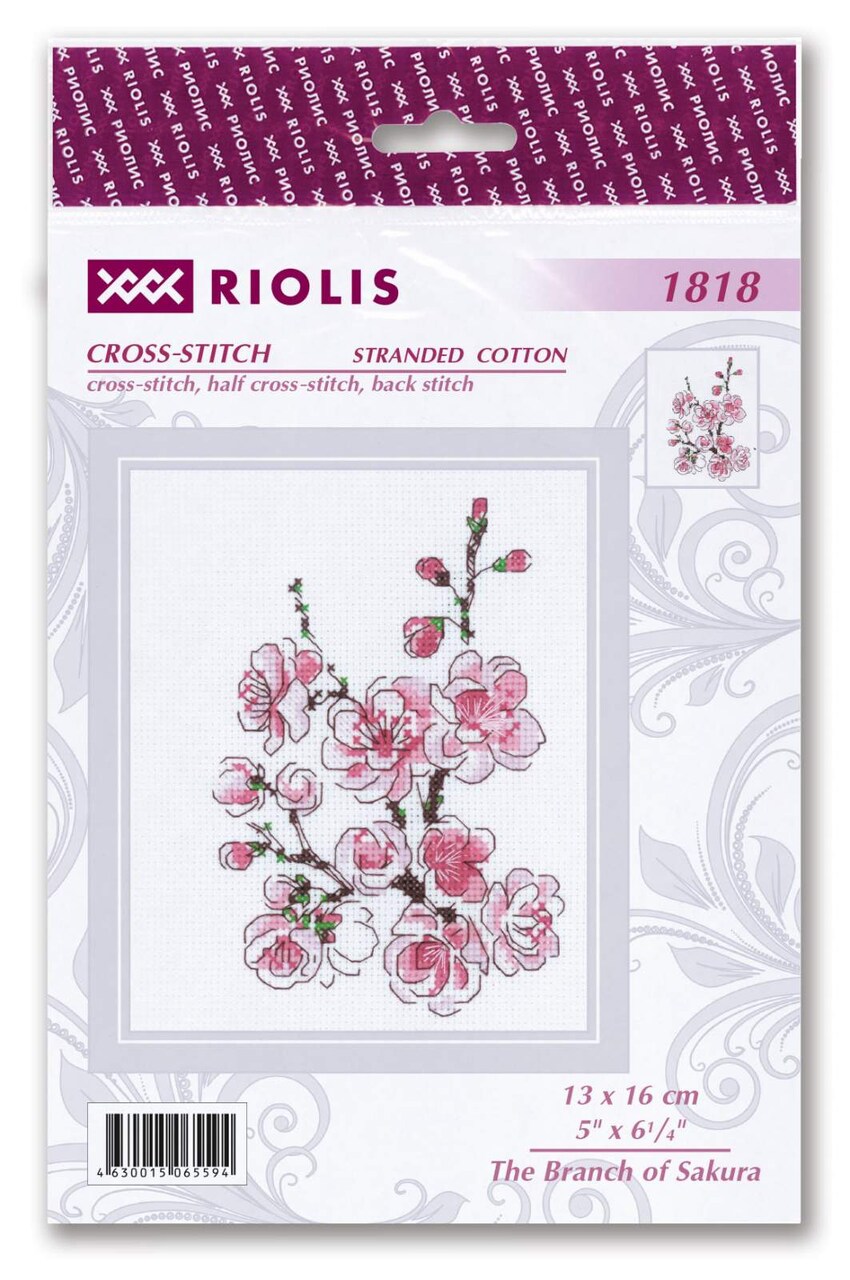 Riolis Cross Stitch Kit Branch of Sakura, 5" x 6 1/4" (13 x 16 cm), stranded cotton, cross-stitch, half cross-stitch, back stitch and combined colors, included all supplies